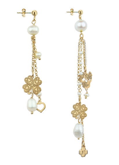 short-tuft-fourleaf-clover-and-long-tuft-rosary-rhinestone-fourleaf-clover-skull-pearl-earrings